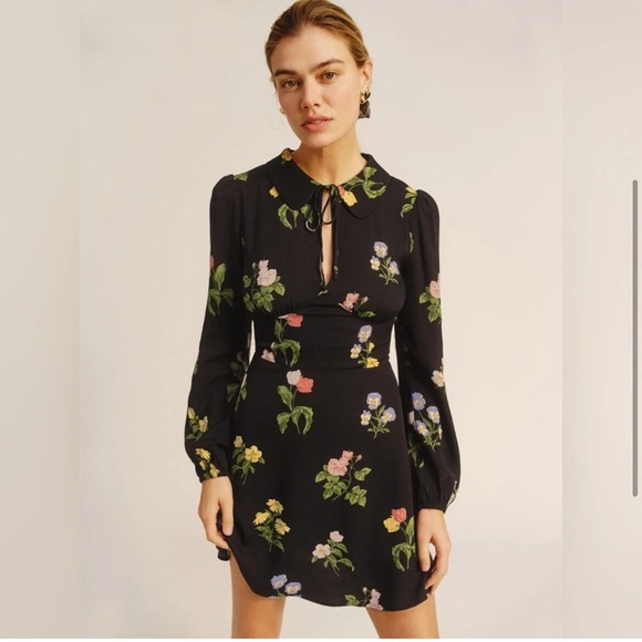 Reformation Will Dress Night Bloom Floral Black Keyhole Peter Pan Collar Size 2 - Picture 3 of 10